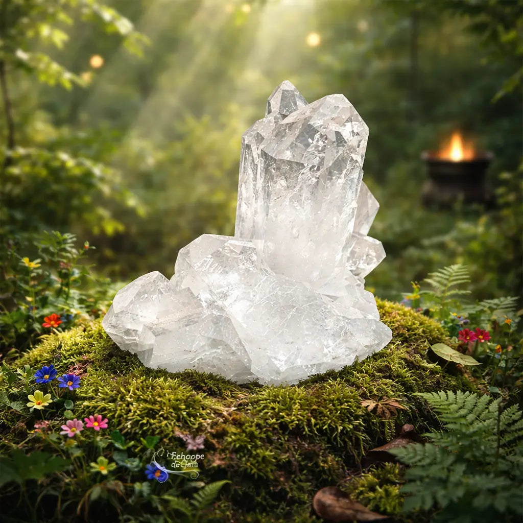 Cristal de roche brut en formation de macle translucide avec des pointes naturelles, posé sur de la mousse forestière fleurie sous une lumière céleste.