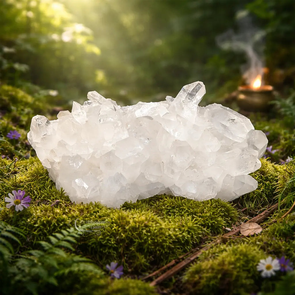 Macle de cristal de roche naturelle pesant 281g aux facettes translucides et pointes cristallines, posée sur de la mousse forestière sous une lumière mystique.