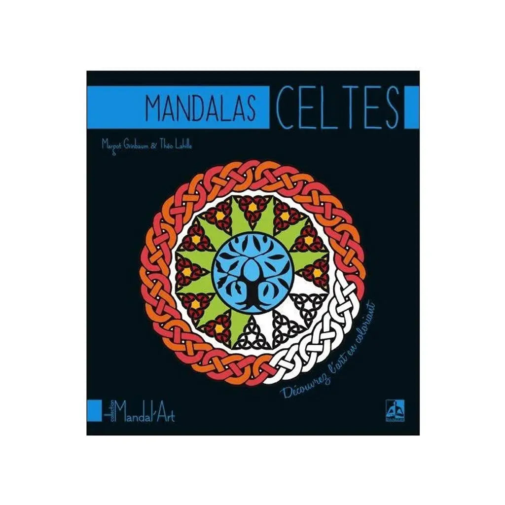 Mandalas Celtes de Margot Grimbaum & Théo Lahille, sa couverture noire mettant en valeur un grand mandala coloré composé d'entrelacs rouges et orange, de triquetras sur fond vert et d'un arbre de vie central bleu.