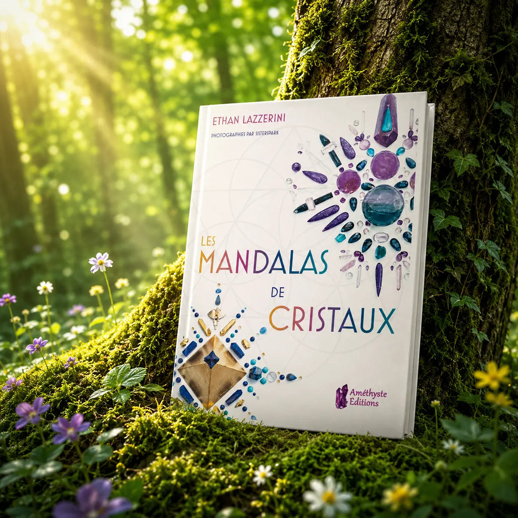 Livre Les Mandalas de Cristaux - Ethan Lazzerini sur mousse sacrée au pied d'un arbre, entouré de fleurs violettes sous des rayons de soleil magiques.