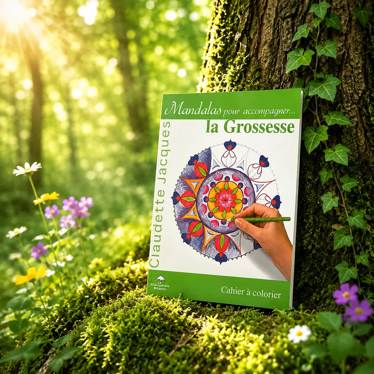 Livre Mandalas pour accompagner la grossesse - Claudette Jacques sur mousse sacrée au pied d'un arbre, entouré de fleurs violettes sous des rayons de soleil magiques.