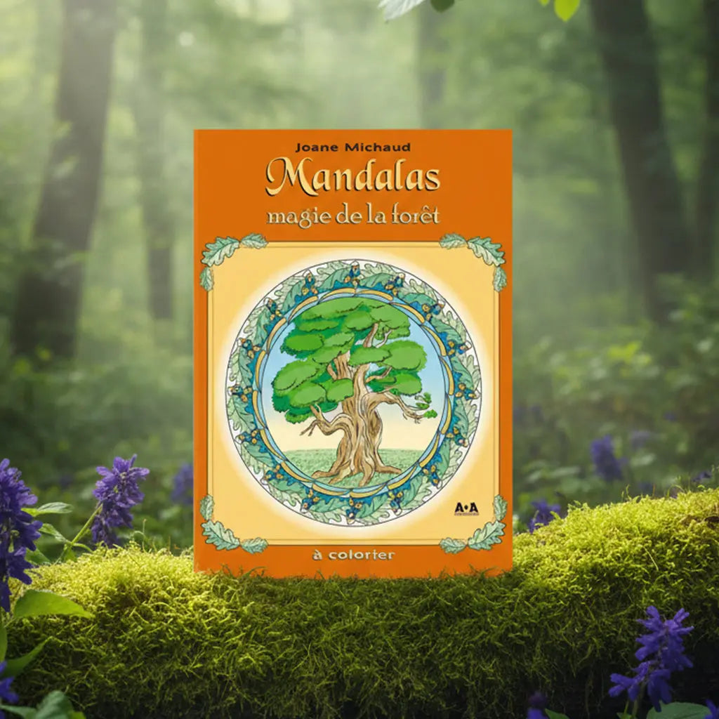 Livre orange Mandalas Magie de la Forêt de Joane Michaud posé sur une souche, illustré d'un grand arbre feuillu dans un cercle sacré.