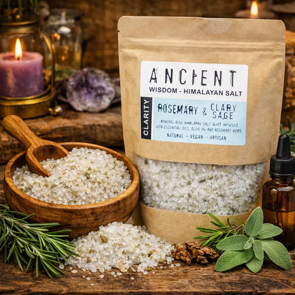 Sachet kraft de Mélange de Bain au Sel de l'Himalaya - Clarté avec branches de romarin frais, sauge et cristaux de sel.