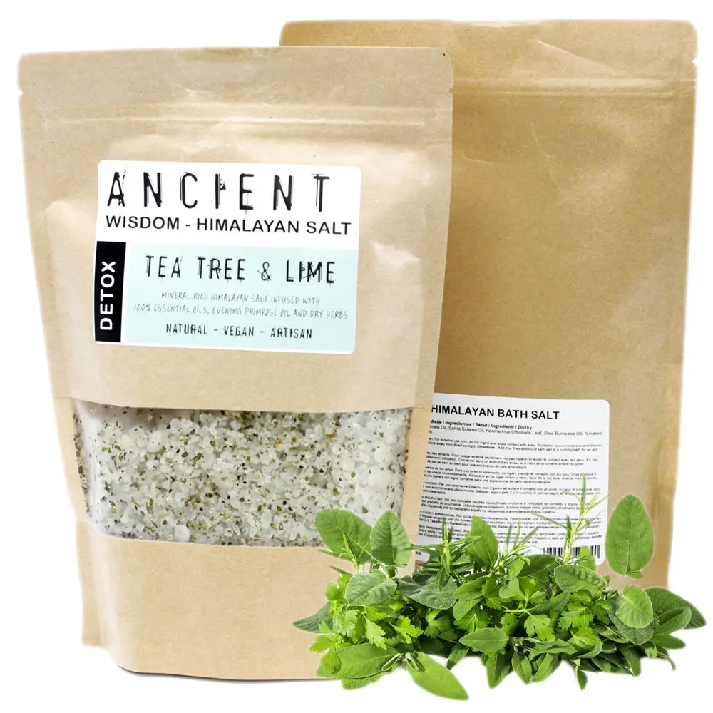 Sachet kraft de Sel de bain Himalaya Detox Tea Tree Citron vert avec cristaux blancs et herbes vertes.