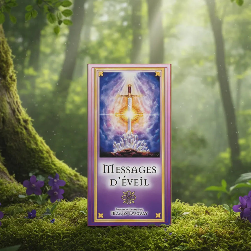 Coffret violet et or Cartes de méditation - Messages d'Eveil de Mario Duguay posé sur une souche, illustré d'une épée de lumière verticale rayonnant sur un fond cosmique.