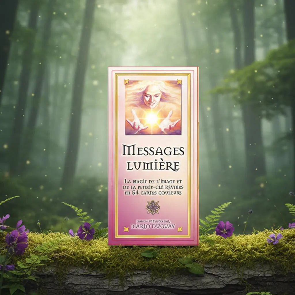 Coffret rose et or Cartes de méditation - Messages Lumière de Mario Duguay posé sur une souche, illustré d'un visage rayonnant tenant une sphère de lumière entre ses mains.