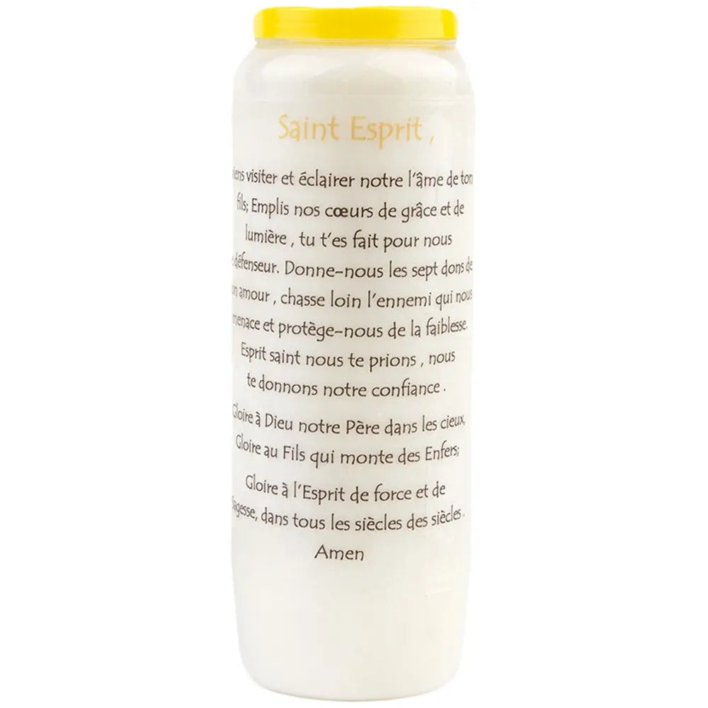 Neuvaine « Saint Esprit » avec prière en français au verso, couvercle jaune, sur fond blanc.