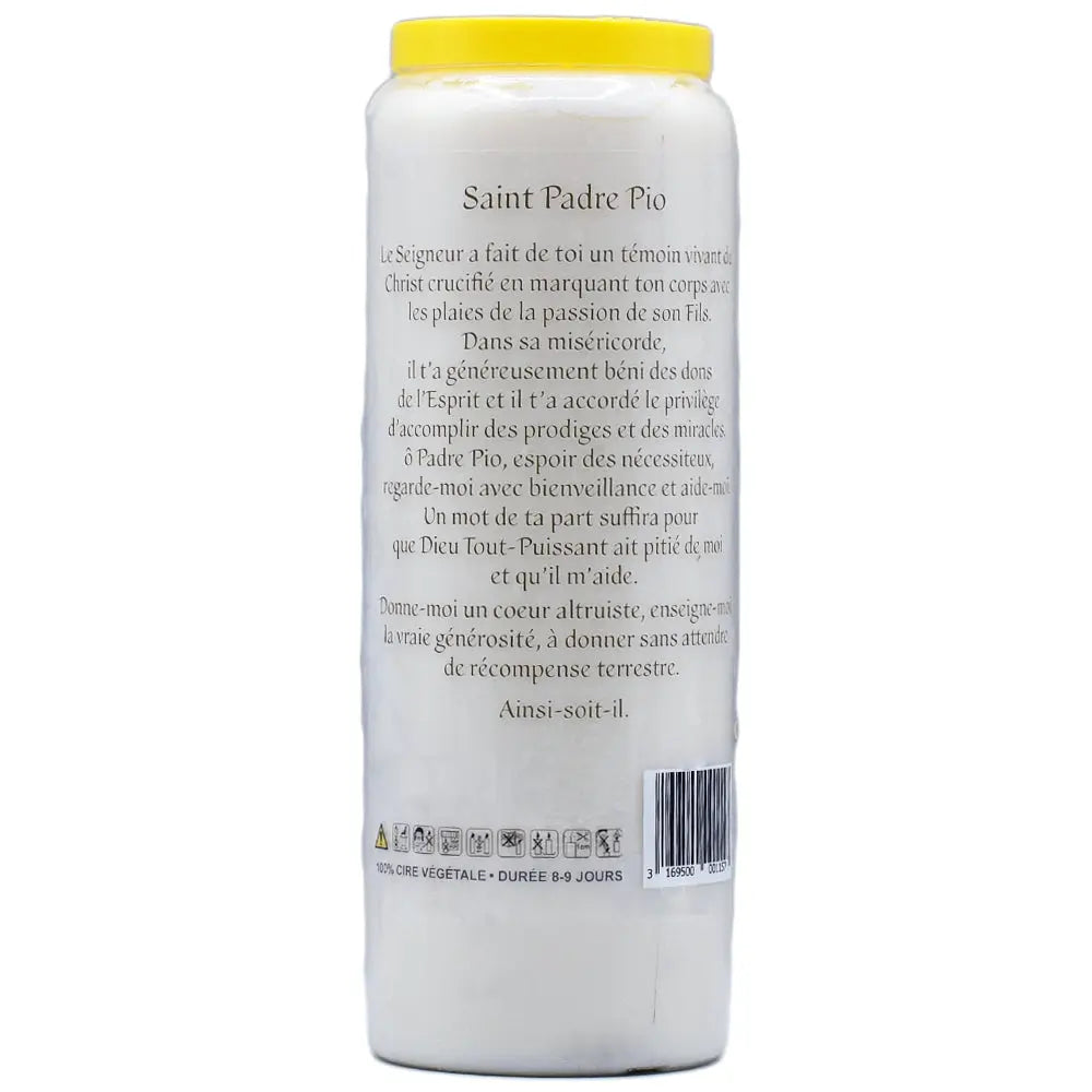 Neuvaine blanche « Saint Padre Pio » avec prière en français au verso et couvercle jaune, sur fond blanc.