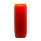 Neuvaine rouge avec couvercle jaune, sur fond blanc.