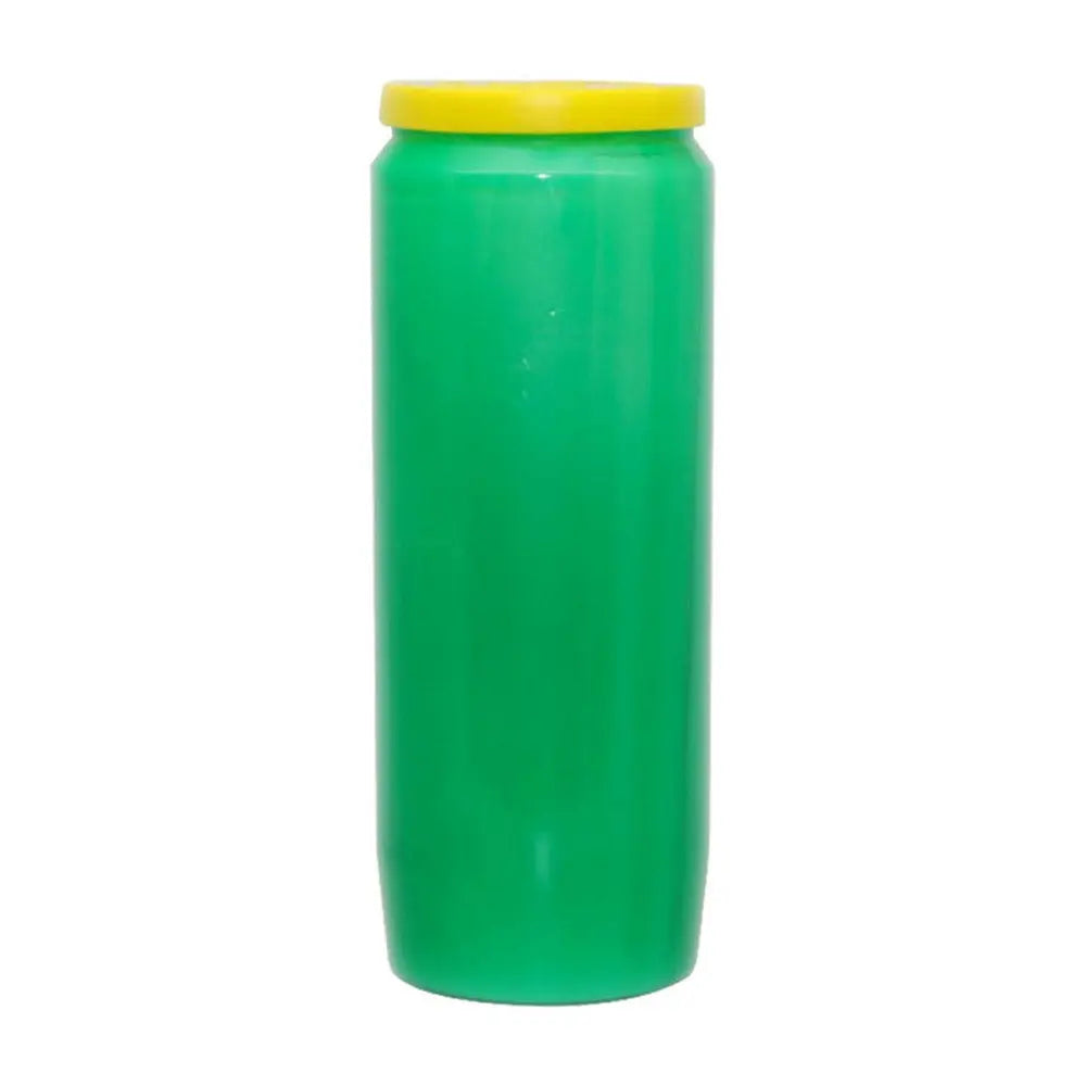 Neuvaine verte avec couvercle jaune, sur fond blanc.