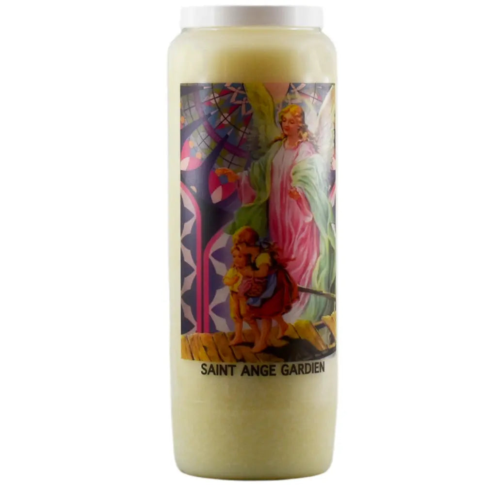 Neuvaine blanche « Saint Ange Gardien » avec illustration de l’ange protégeant deux enfants sur fond de vitrail coloré, sur fond blanc.