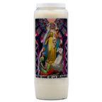Bougie neuvaine blanche Notre Dame de la Délivrance avec illustration religieuse colorée sur fond blanc.