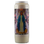 Bougie neuvaine blanche Notre Dame des Miracles avec illustration religieuse colorée sur fond blanc.