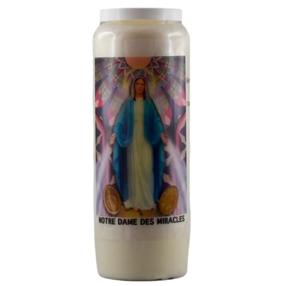 Bougie neuvaine blanche Notre Dame des Miracles avec illustration religieuse colorée sur fond blanc.