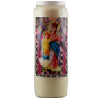 Bougie neuvaine blanche Notre Dame des Victoires avec illustration religieuse colorée sur fond blanc.