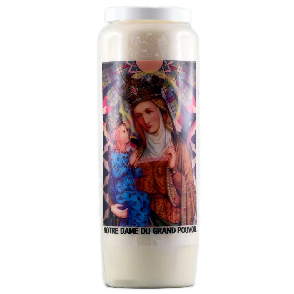 Bougie neuvaine blanche Notre Dame du Grand Pouvoir avec illustration religieuse colorée sur fond blanc.
