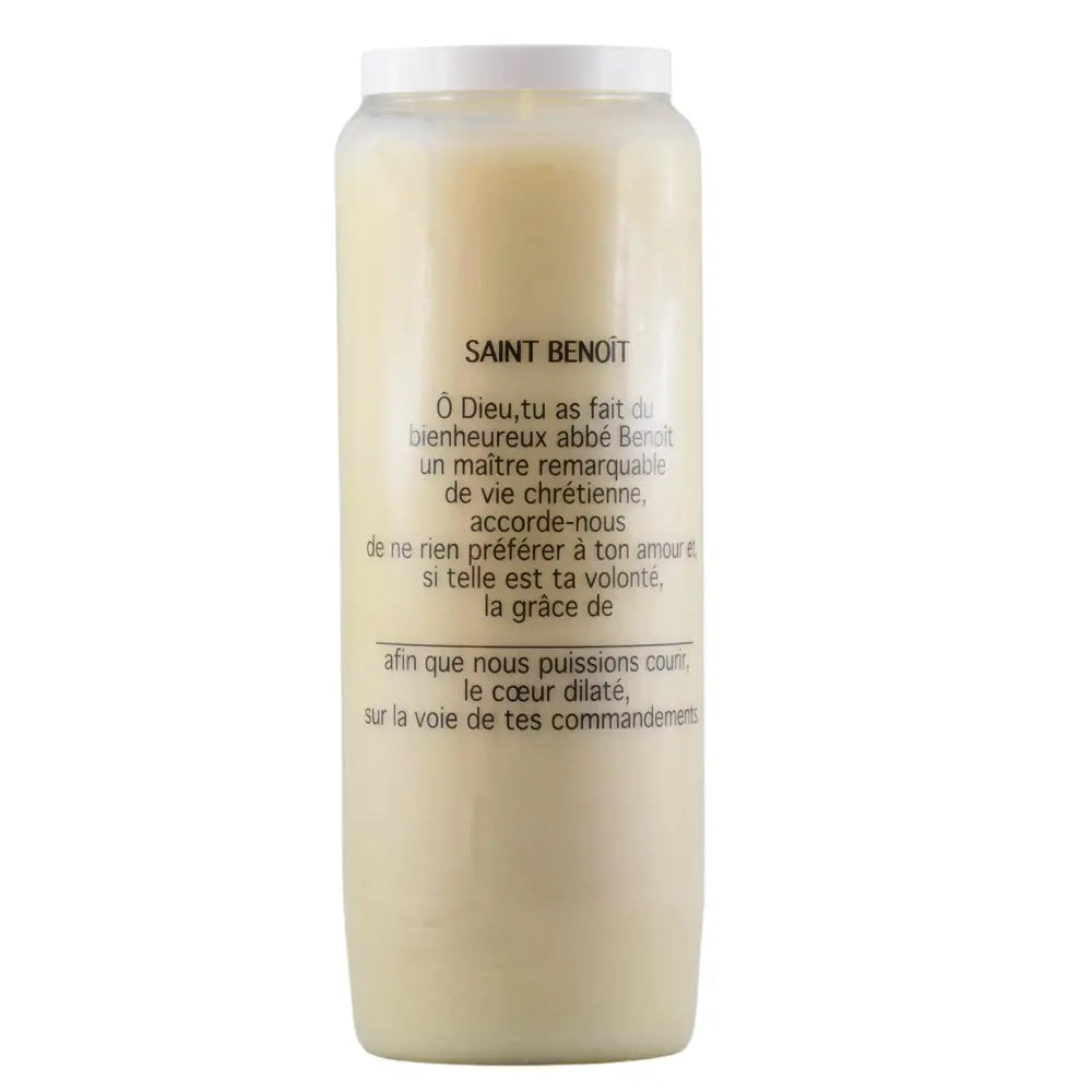 Neuvaine « Saint Benoît » avec prière en français au verso, sur fond blanc.