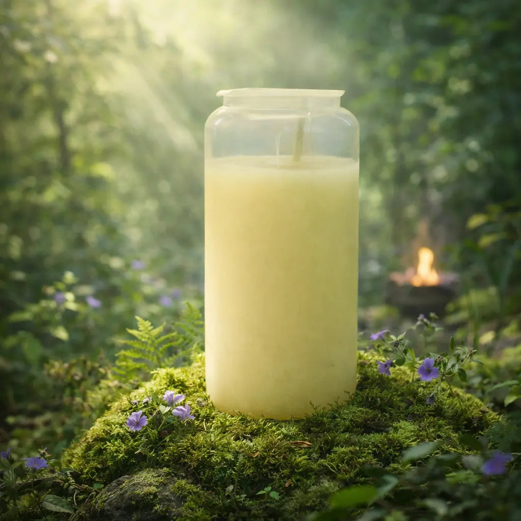Bougie de sanctuaire à l'huile de 6 jours dans son contenant transparent/blanc protecteur, posée sur de la mousse naturelle.