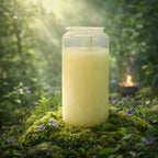 Bougie de sanctuaire à l'huile de 6 jours dans son contenant transparent/blanc protecteur, posée sur de la mousse naturelle.
