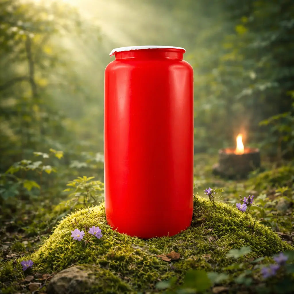 Bougie de sanctuaire à l'huile de 6 jours dans son contenant rouge protecteur, posée sur de la mousse naturelle.