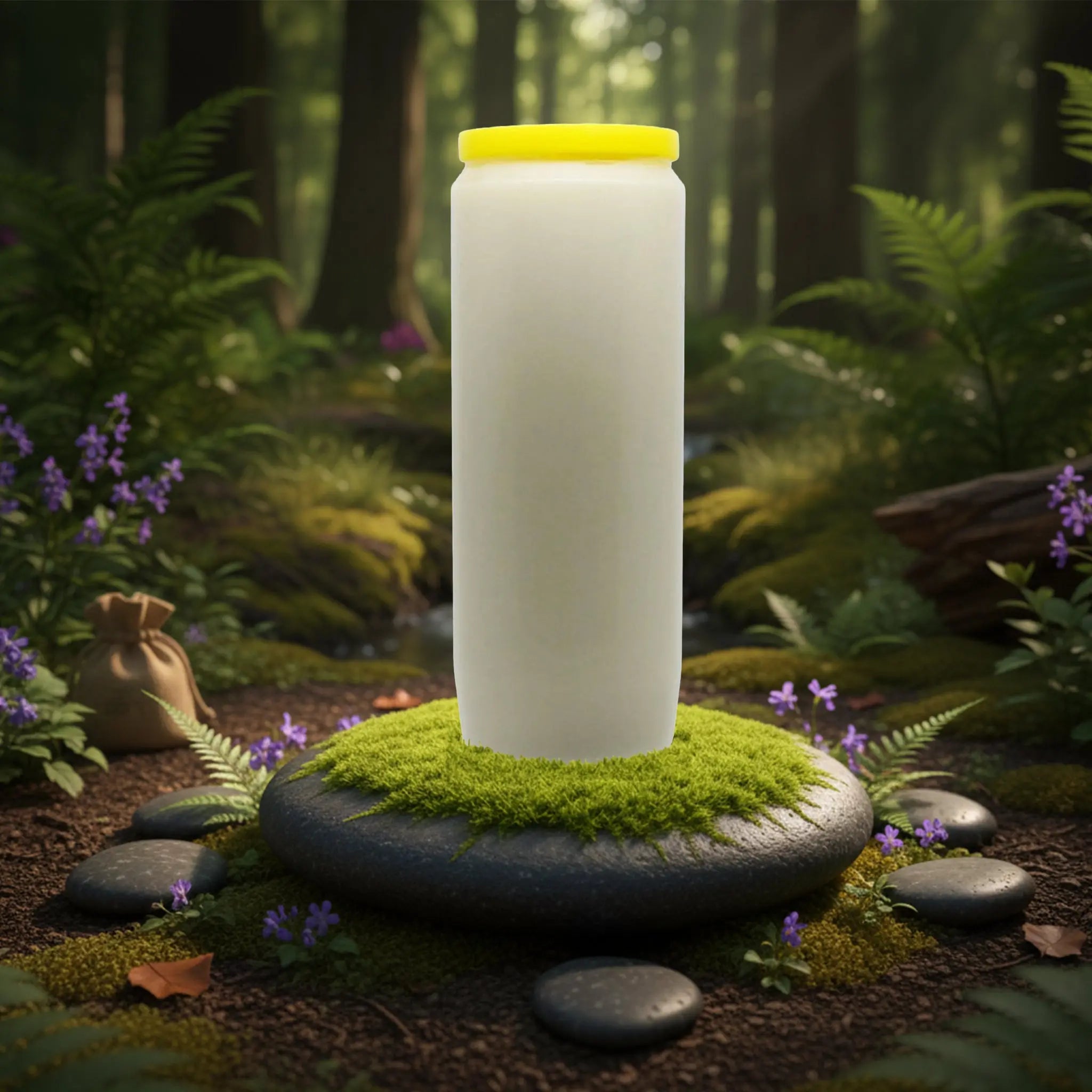 Neuvaine blanche à couvercle jaune, posée sur un galet recouvert de mousse au milieu d’une clairière forestière.