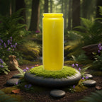 Bougie neuvaine jaune posée sur un coussin de mousse en forêt.