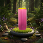 Bougie neuvaine rose avec couvercle jaune, posée sur un coussin de mousse en forêt.