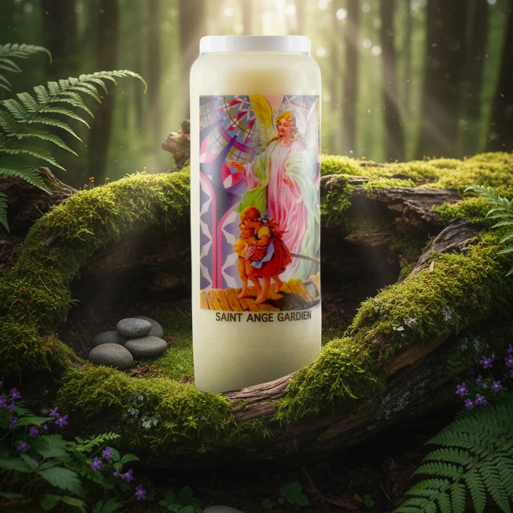 Neuvaine blanche « Saint Ange Gardien » avec illustration de l’ange protégeant deux enfants, posée sur un tronc d’arbre moussu en forêt.
