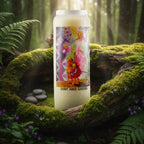 Neuvaine blanche « Saint Ange Gardien » avec illustration de l’ange protégeant deux enfants, posée sur un tronc d’arbre moussu en forêt.