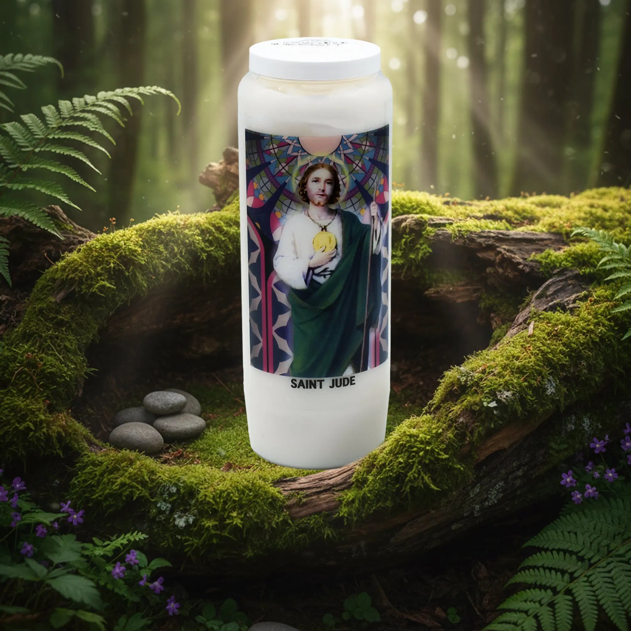 Bougie neuvaine Saint Jude avec illustration colorée, posée sur un lit de mousse en forêt.
