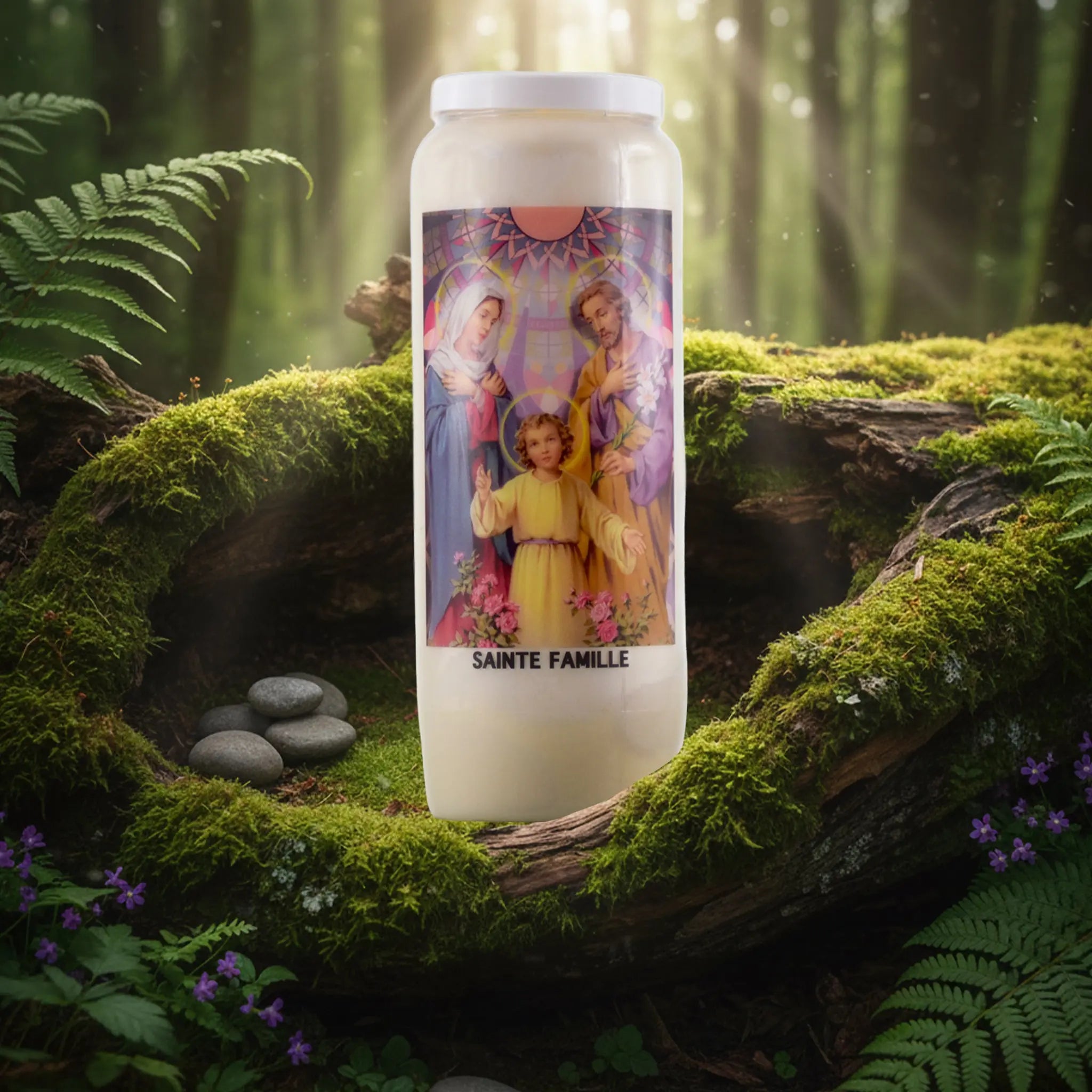 Bougie neuvaine Sainte Famille avec illustration colorée, posée sur un lit de mousse en forêt.