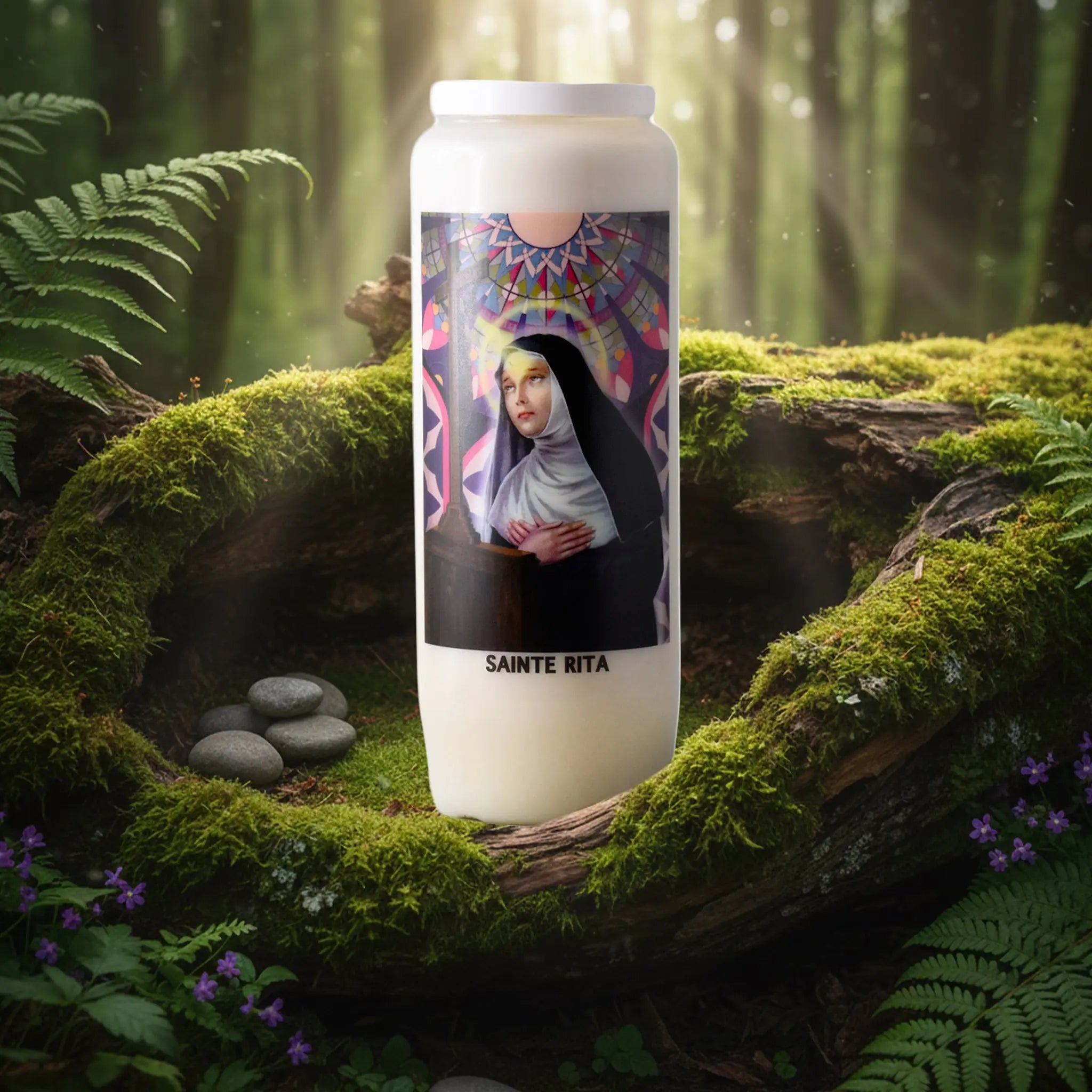 Neuvaine blanche « Sainte Rita » avec illustration de la sainte en prière, posée sur un tronc d’arbre moussu en forêt.