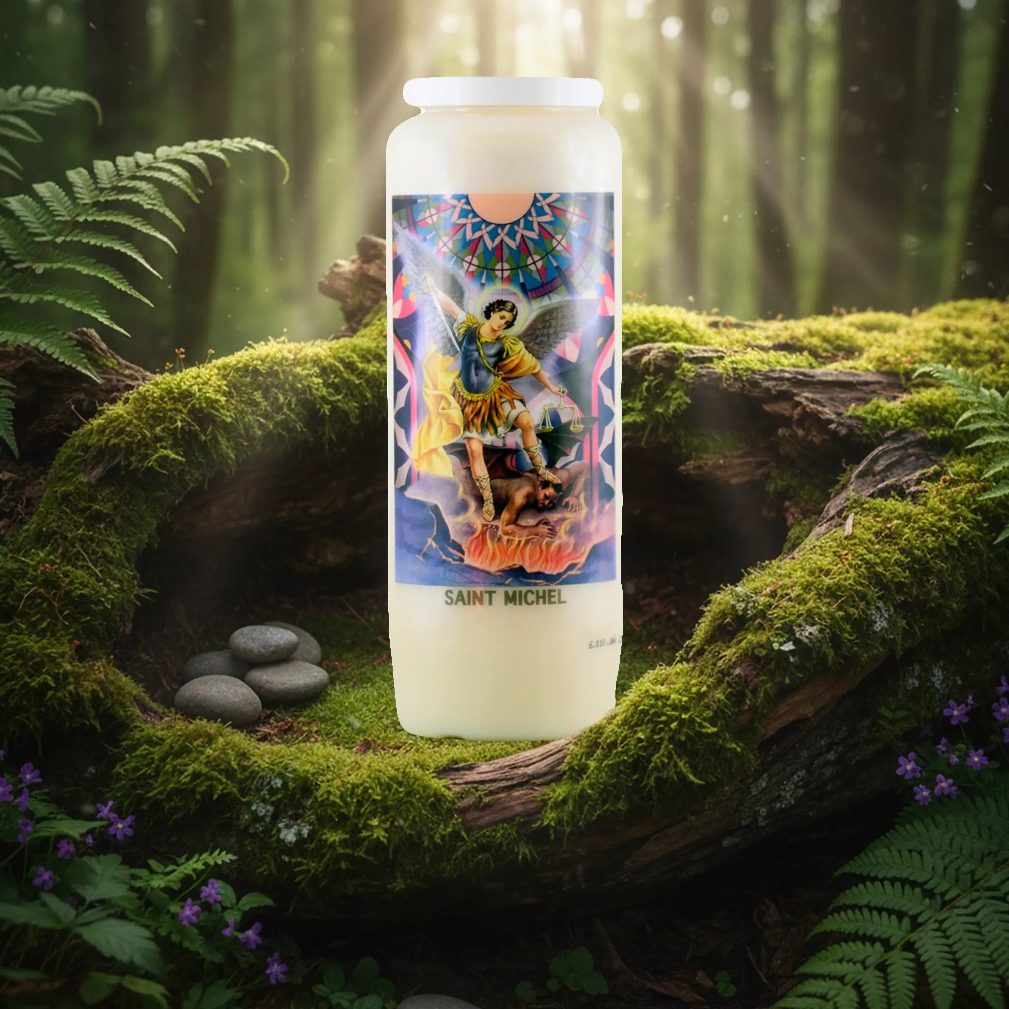 Neuvaine blanche « Saint Michel » avec illustration de l’archange terrassant le démon, posée sur un tronc d’arbre moussu en forêt.