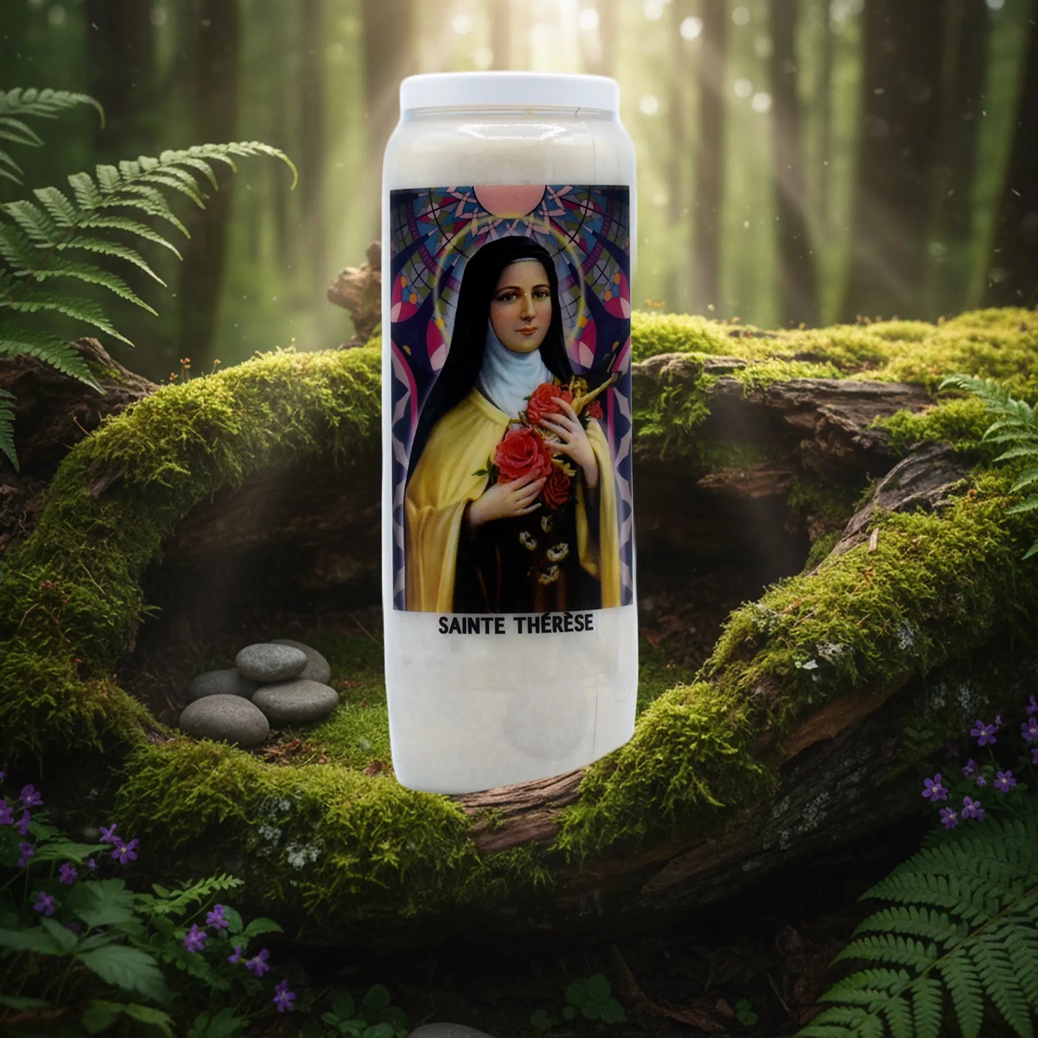 Neuvaine blanche « Sainte Thérèse » avec illustration de la sainte tenant des roses, posée sur un tronc d’arbre moussu en forêt.