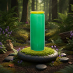 Neuvaine verte à couvercle jaune, posée sur un galet recouvert de mousse au milieu d’une clairière forestière.