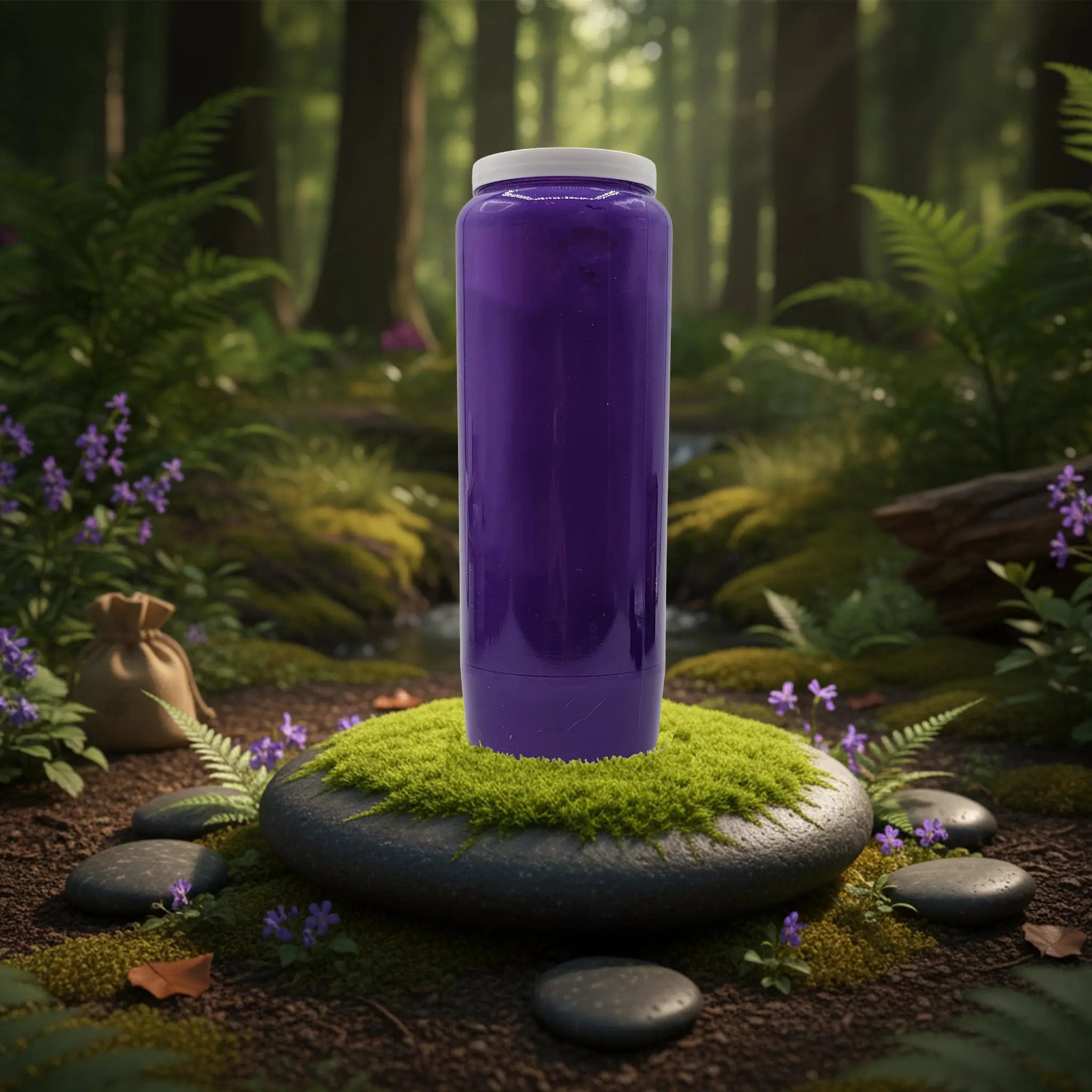 Neuvaine violette à couvercle blanc, posée sur un galet recouvert de mousse au milieu d’une clairière forestière.
