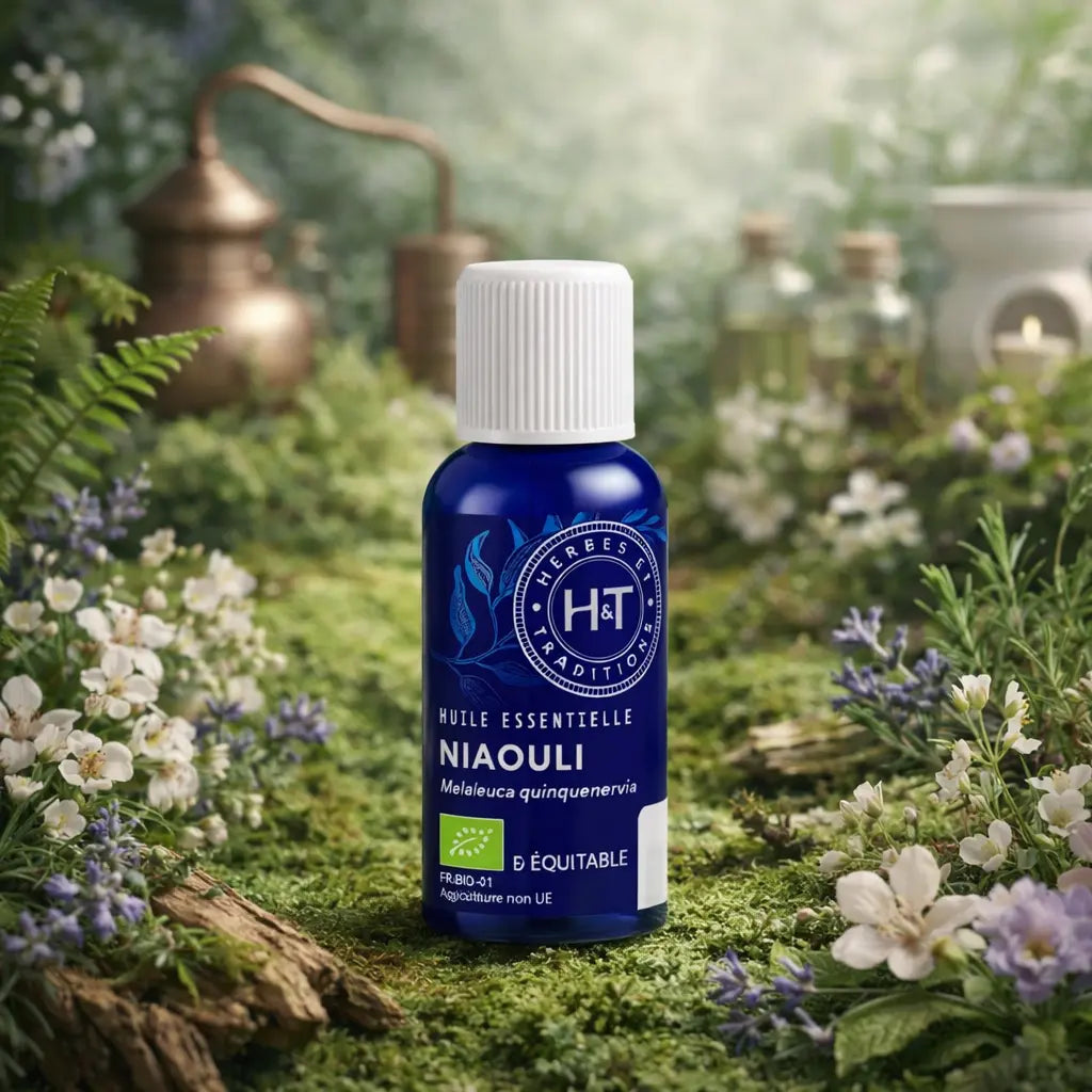 Flacon en verre bleu Herbes et Traditions - Huile Essentielle - Niaouli Bio entouré de petites fleurs blanches sur un lit de mousse.