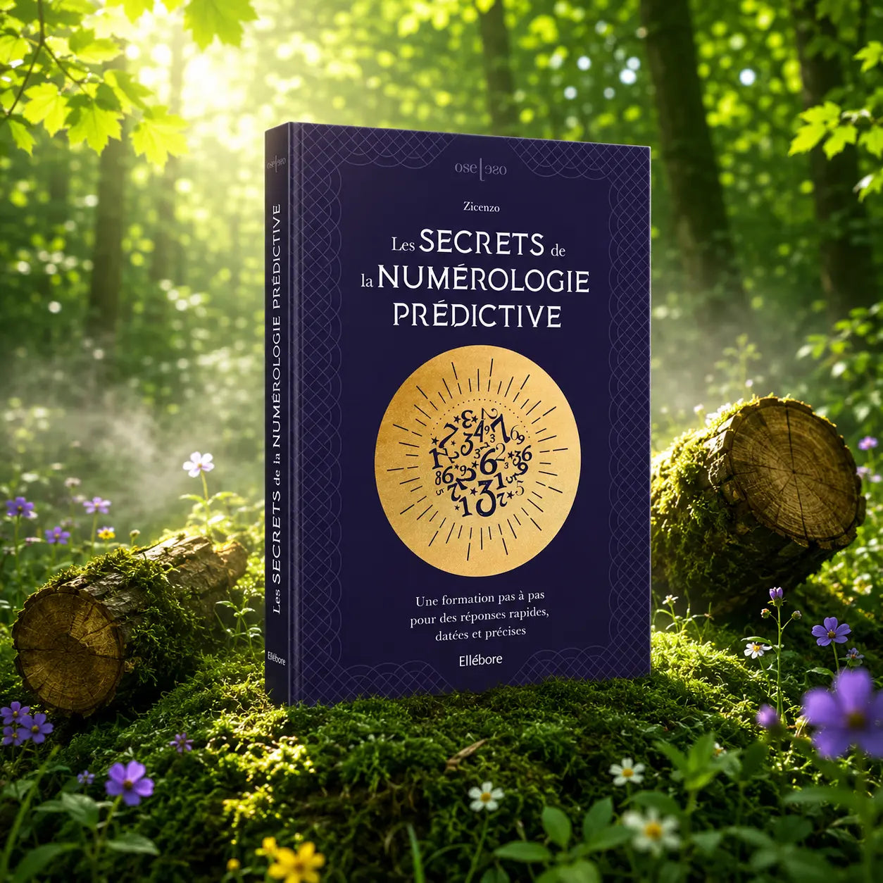 Livre Les Secrets de la Numérologie Prédictive - Zicenzo sur mousse sacrée au pied d'un arbre, entouré de fleurs violettes sous des rayons de soleil magiques.