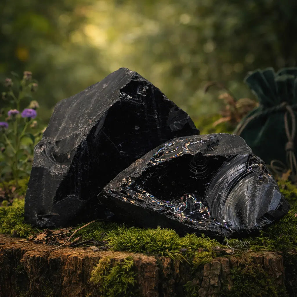 Blocs d'obsidienne noire brute aux cassures vitreuses et sombres, reposant sur un tronc moussue avec un pochon de velours vert en arrière-plan.