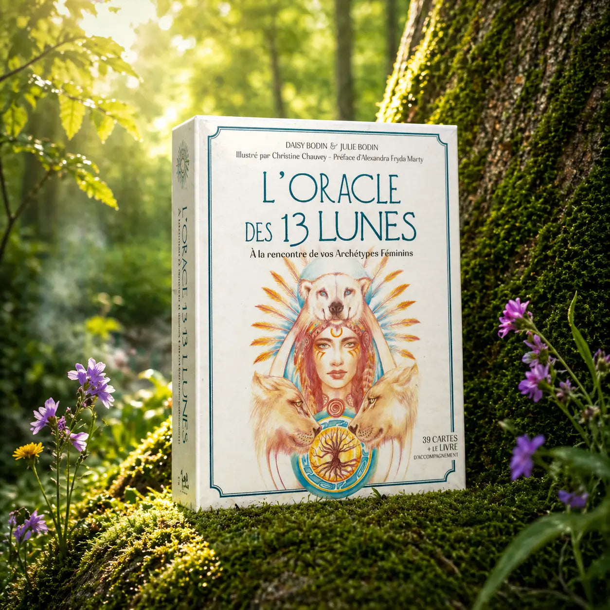 Coffret blanc L'Oracle des 13 Lunes de Daisy et Julie Bodin posé dans la mousse forestière, illustré d'une femme chaman entourée de loups et d'un ours polaire.
