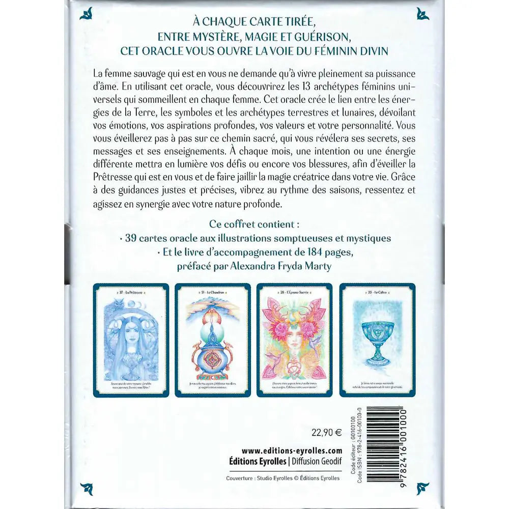 L'Oracle des 13 Lunes présentant son texte de présentation au verso et quatre cartes illustrées aux tons bleus, roses et dorés.