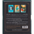 L'Oracle Bleu quatrième de couverture noire texturée présentant trois cartes colorées, le descriptif du jeu de 73 lames, le code-barres et le prix.