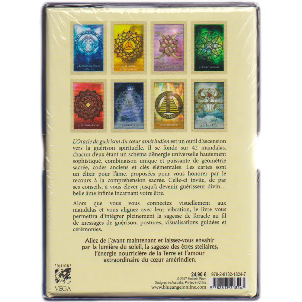 Dos du coffret « L’Oracle de guérison du cœur amérindien » avec texte de présentation et aperçu de 8 cartes mandalas en haut.