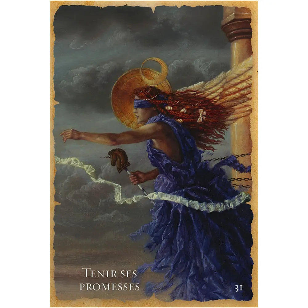 L'Oracle de la Guérison Mystique carte illustrée d'une femme ailée et aveuglée en mouvement tenant un sceptre à tête de licorne.