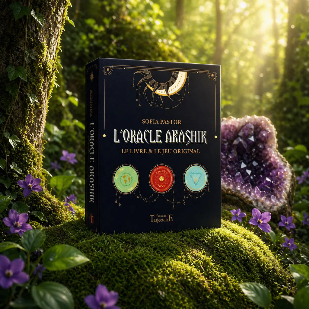 Coffret noir L'Oracle Akashik de Sofia Pastor posé dans la mousse forestière, orné de symboles dorés représentant la lune, le soleil et trois médaillons colorés.
