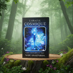 Coffret noir L'Oracle Cosmique de Nari Anastarsia posé sur une souche, illustré d'une silhouette lumineuse bleue flottant dans l'espace.