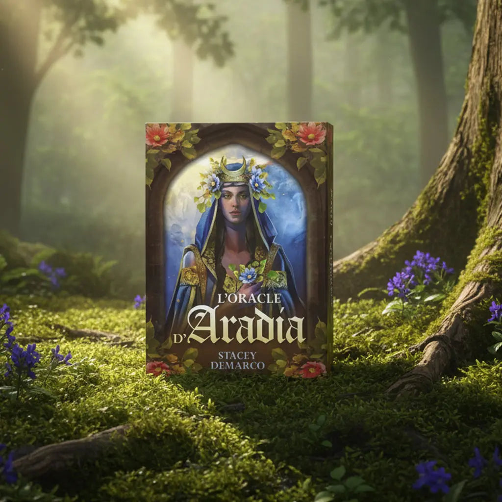 Coffret mystique L'Oracle d'Aradia de Stacey Demarco posé sur une souche, illustré d'une femme couronnée de lune et de fleurs.