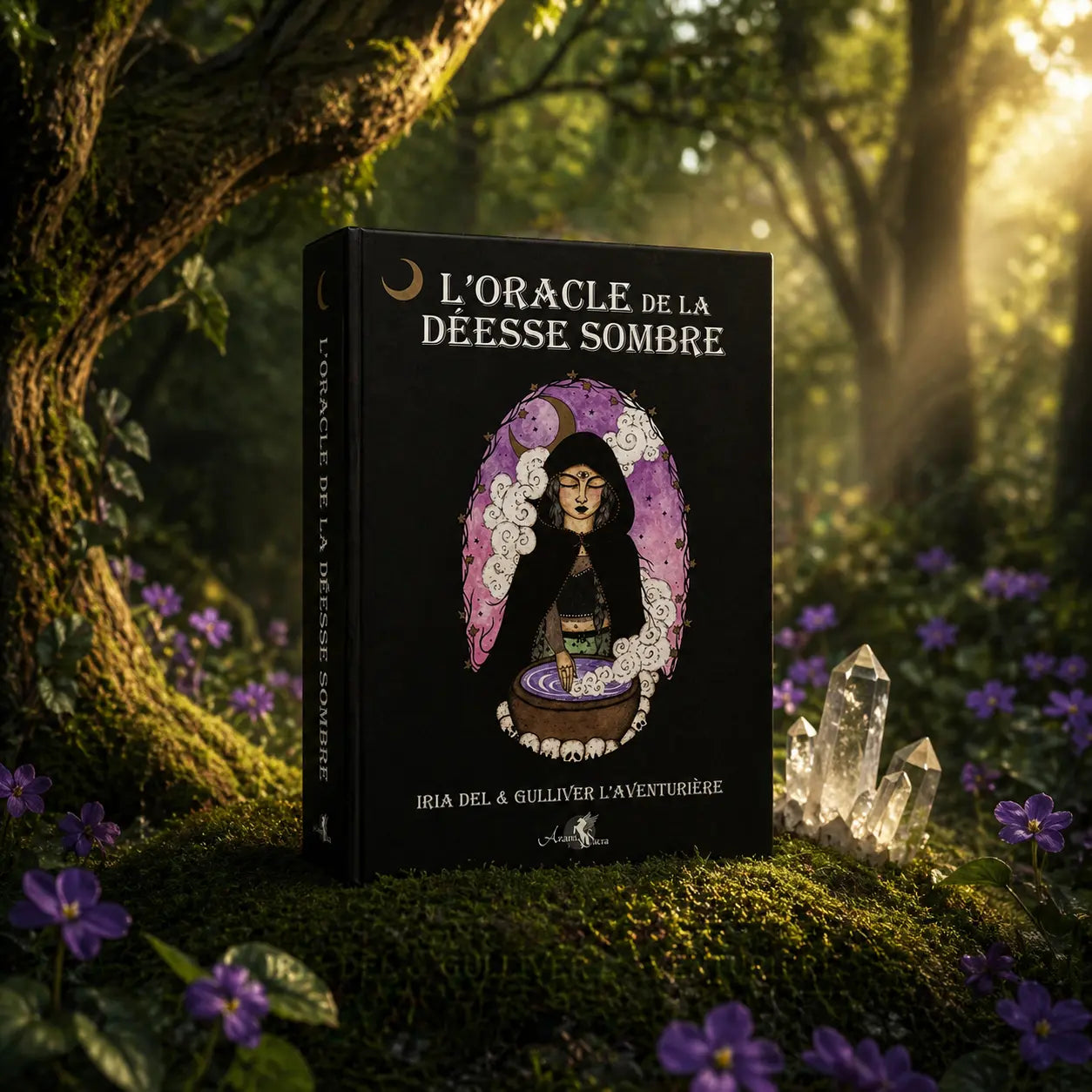 Coffret noir L'Oracle de la Déesse Sombre d'Iria Del posé dans la mousse forestière, illustré d'une figure féminine encapuchonnée devant un chaudron mystique.