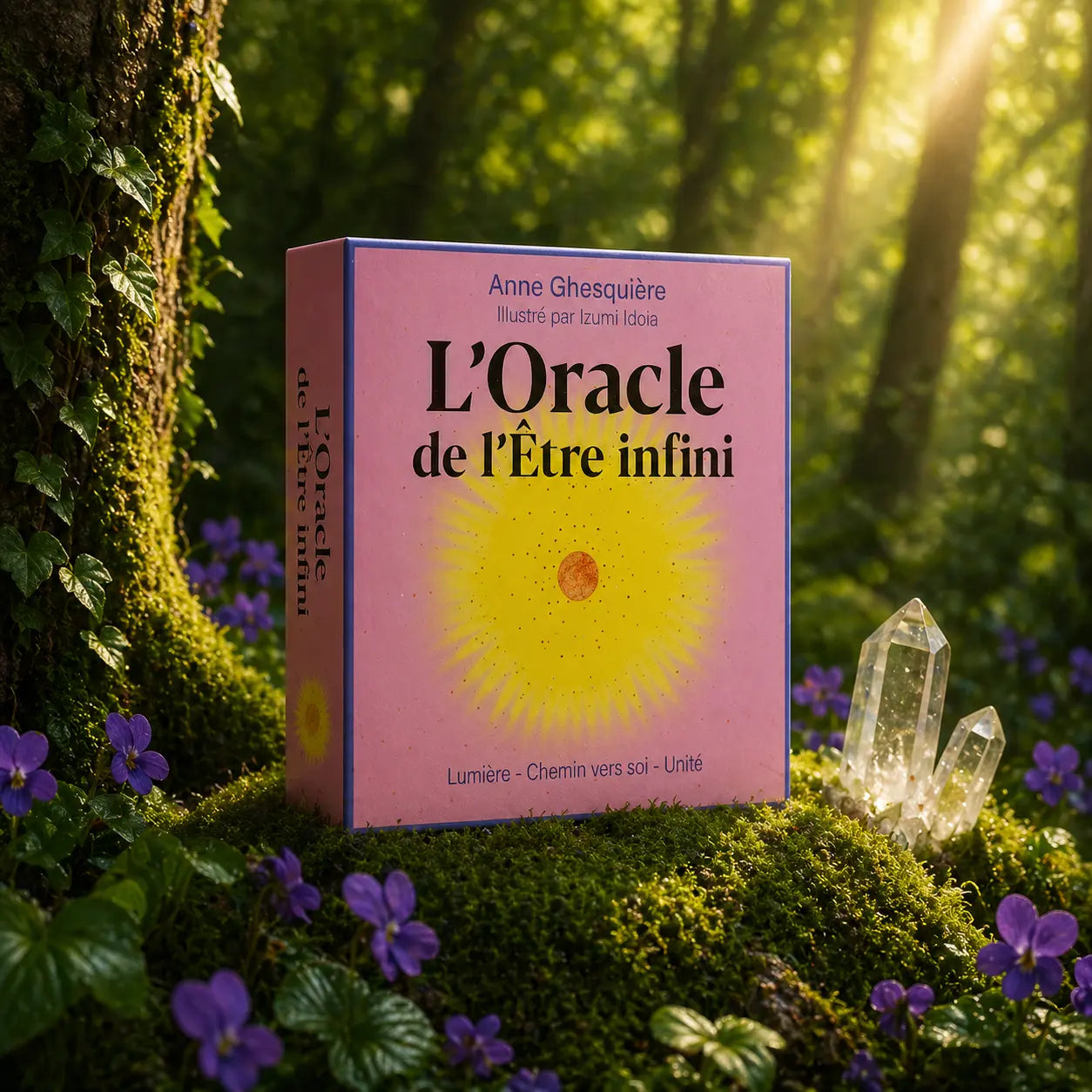 Coffret rose L'Oracle de l'Être Infini d'Anne Ghesquière posé dans la mousse forestière, illustré d'un soleil rayonnant jaune au centre.
