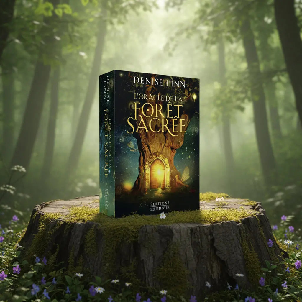 Coffret L'Oracle de la Forêt Sacrée de Denise Linn posé sur une souche en forêt, illustré d'un arbre majestueux ouvrant une porte lumineuse vers un monde féerique.
